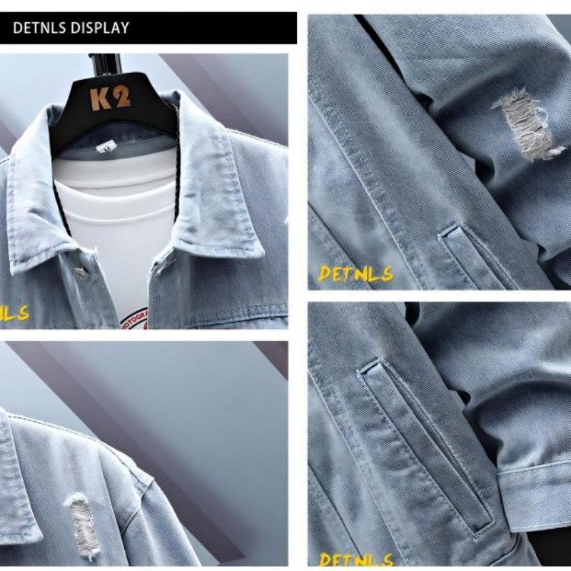 Giacca in denim strappato da uomo, di colore chiaro, alla moda, di marca, ampia, casual, con utensili, ruffiano, giacca elegante da uomo, autunno e inverno_voghion.com