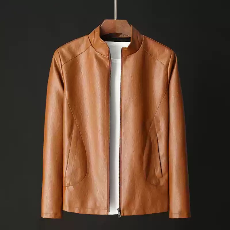 Men's Leather Jacket With Stand-up Collar And Fleece Lining_voghion.com