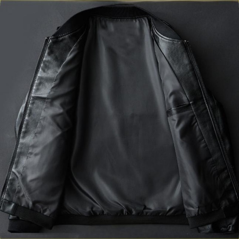 Men's Leather Jacket With Stand-up Collar And Fleece Lining_voghion.com