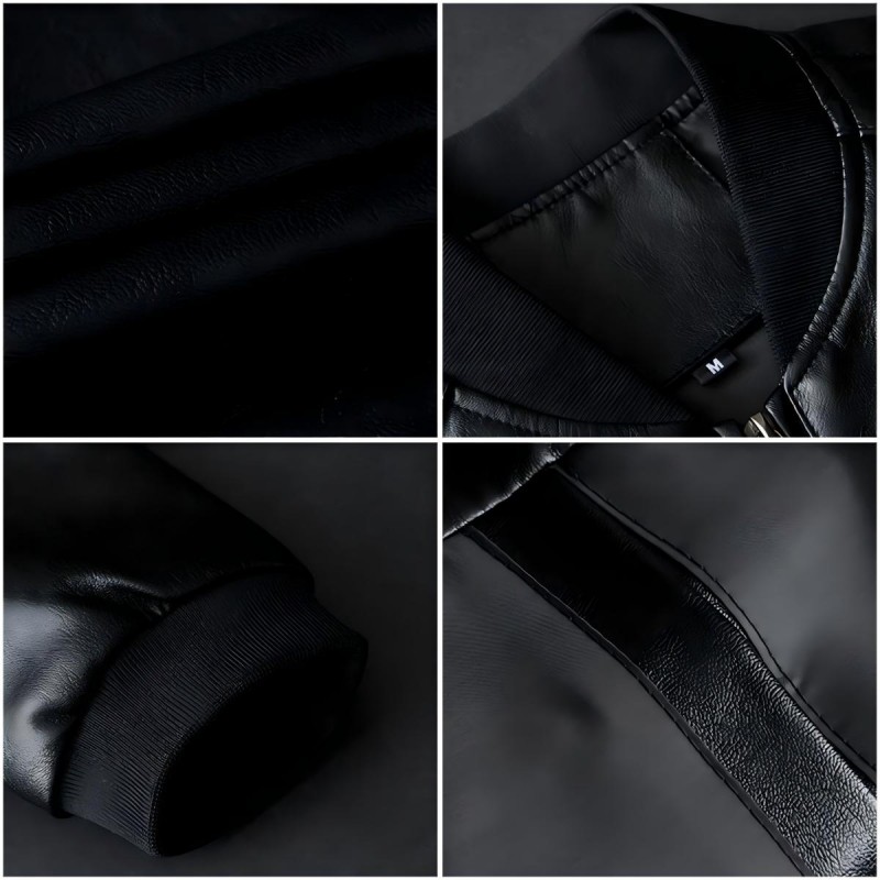 Men's Leather Jacket With Stand-up Collar And Fleece Lining_voghion.com