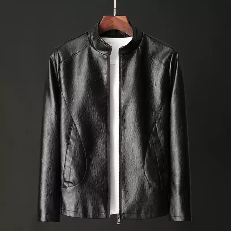 Men's Leather Jacket With Stand-up Collar And Fleece Lining_voghion.com
