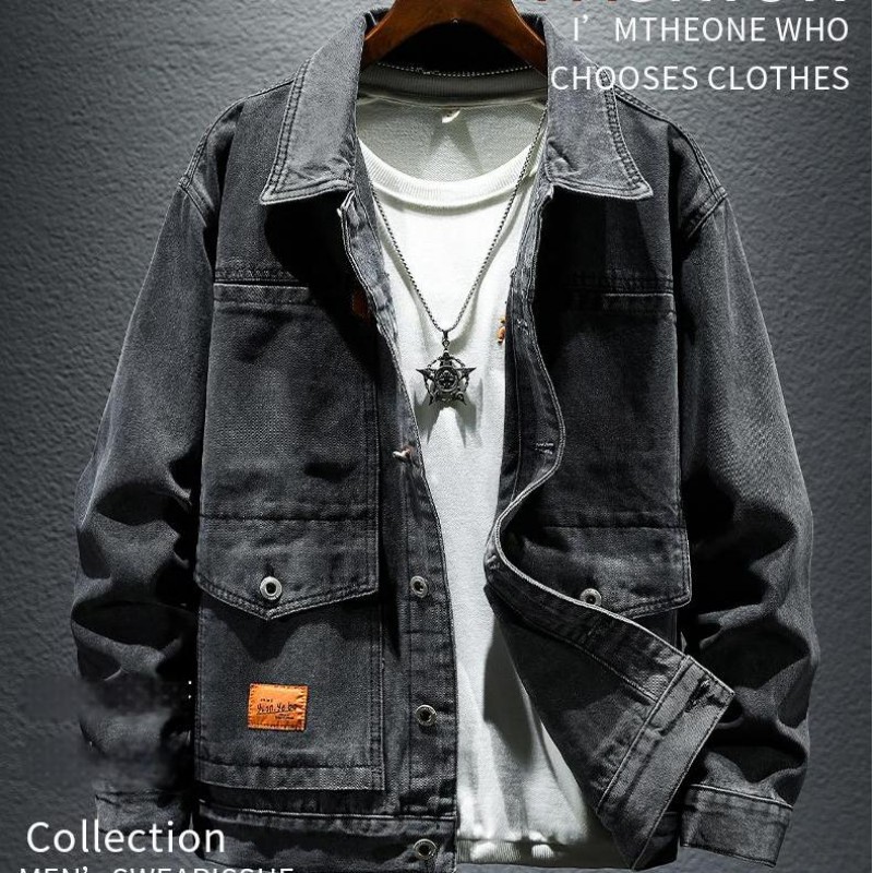 High Street Denim Jacket Men's Clothing Spring And Autumn New Motorcycle Lightning Splicing Jacket Black Trendy Brand_voghion.com