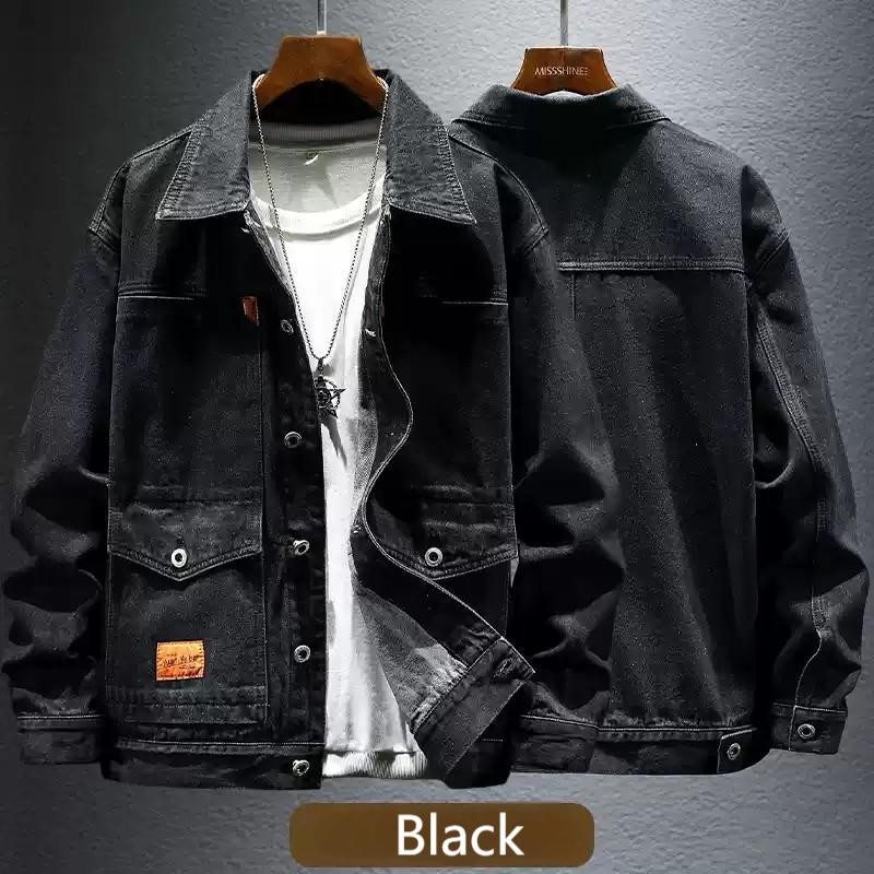 Men's Denim Jacket High Street Motorcycle Style Black Splicing_voghion.com