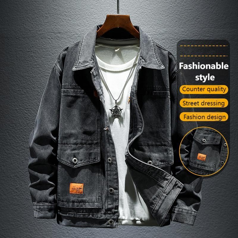 Men's Denim Jacket High Street Motorcycle Style Black Splicing_voghion.com