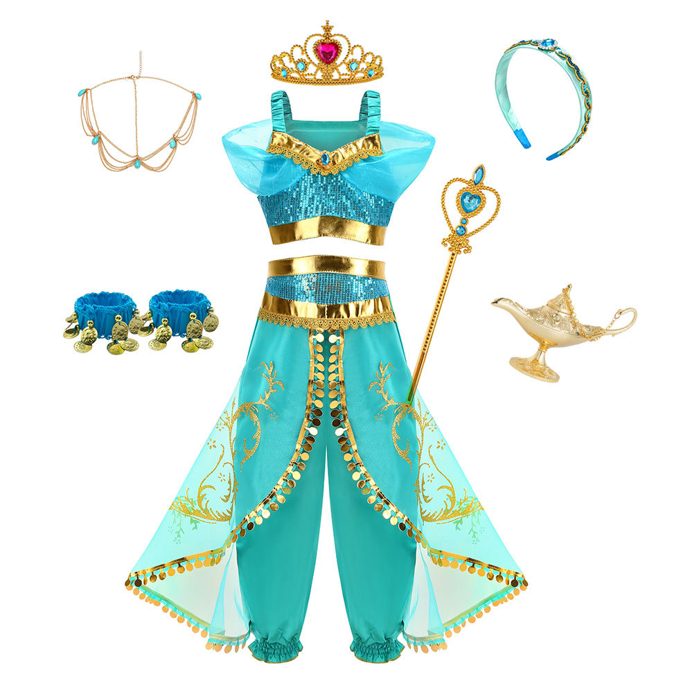 Costumi da principessa Jasmine per bambine con kit di decorazioni, kit vestito con paillettes Jasmine, set di costumi per feste di Halloween e carnevale per bambini, lampada di Aladino_voghion.com