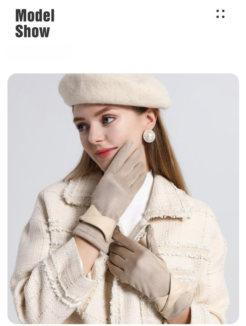 Suede gloves women's winter riding driving windproof warm gloves touch screen retro Xiaoxiangfeng leather gloves_voghion.com