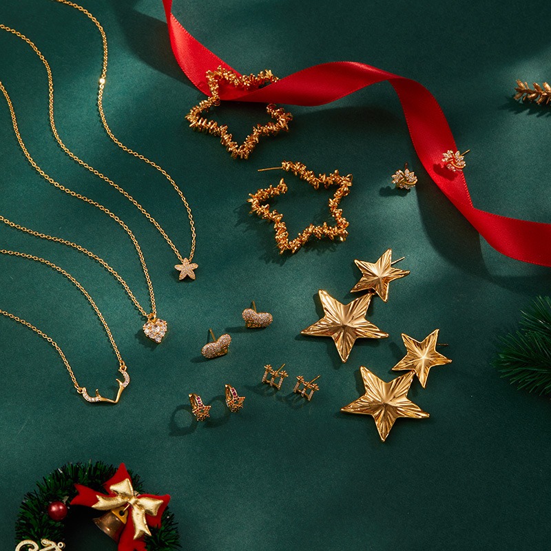 Gold Plated Pentagram Necklace And Snowflake Zircon Earring Set_voghion.com