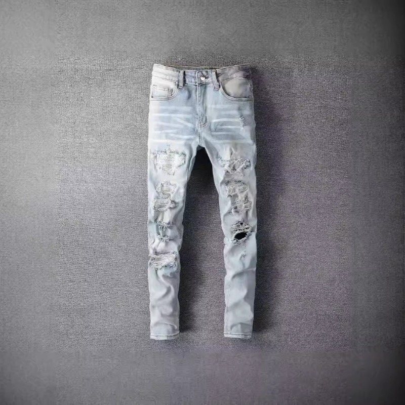 High Street Chiu upouusi pesuveitsellä leikattu reikiä kerjäläisessä tarra joustava slim-fit farkut mies_voghion.com