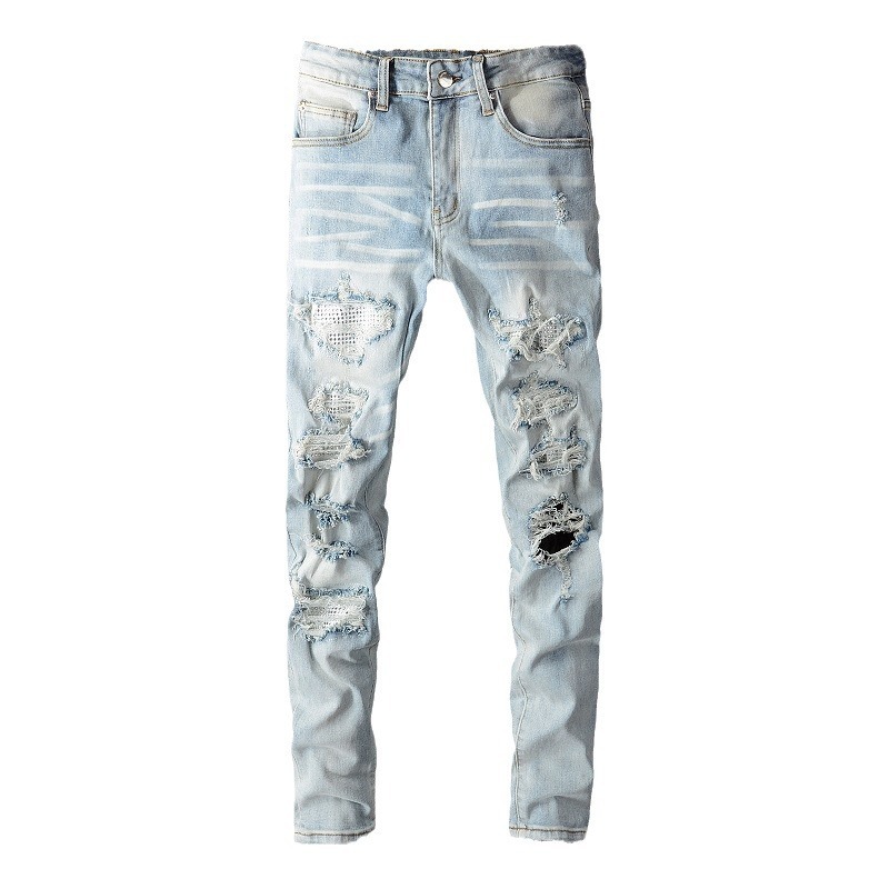 High Street Chiu upouusi pesuveitsellä leikattu reikiä kerjäläisessä tarra joustava slim-fit farkut mies_voghion.com