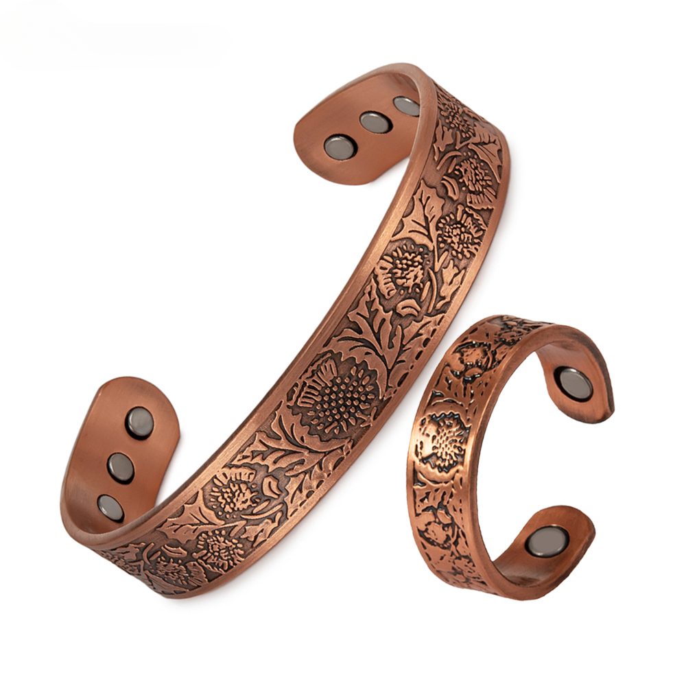 Meathly Magnetic Pure Copper Jewelry-Set Chrysanthemum Adjustable Bracelet Ring Resizable Health Arthritis Jewelry Set for Women Men_voghion.com
