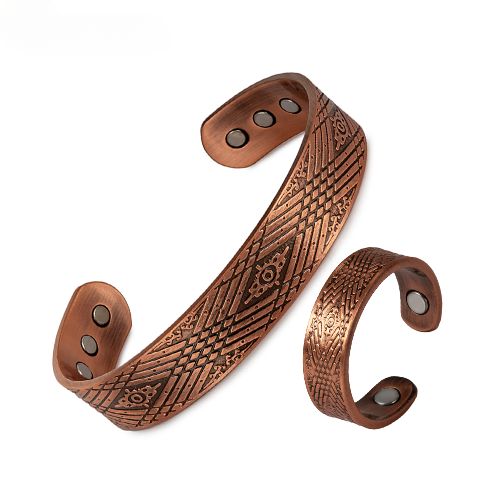 Meathly Magnetisches Schmuckset aus reinem Kupfer, Vintage, verstellbarer Armbandring für Männer, größenverstellbar, Gesundheits- und Arthritis-Schmuckset für Frauen und Männer_voghion.com