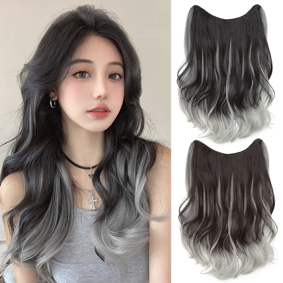 Parrucca sintetica lunga riccia ondulata a forma di U per donna, con clip nere e marroni, extension per capelli naturali sintetiche_voghion.com