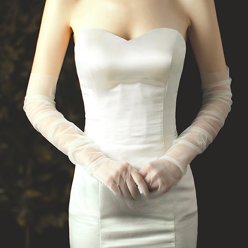 DIY Tüll schlichtes Brautkleid schwarz-weiß-rote Performance-Jahresgala Cos transparente Damen lange Handschuhe_voghion.com