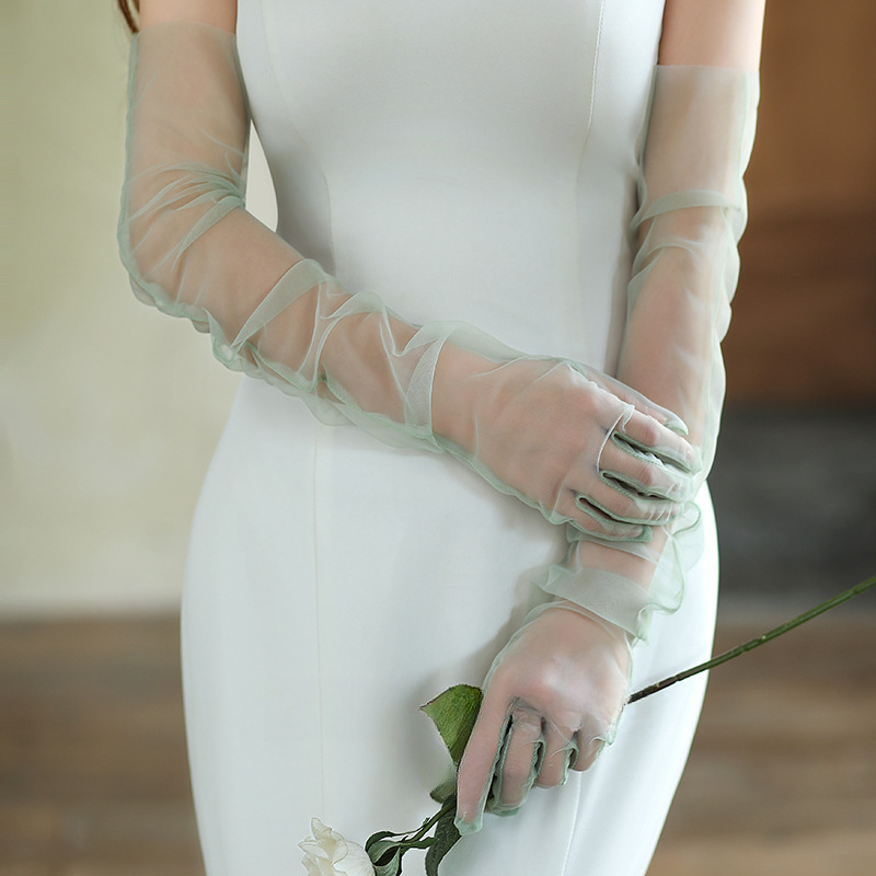 DIY Tüll schlichtes Brautkleid schwarz-weiß-rote Performance-Jahresgala Cos transparente Damen lange Handschuhe_voghion.com
