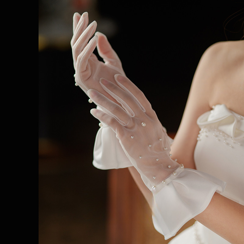 Brautkleid Hochzeit Handgefertigte Perlen Tüllkleid Kurze Rüschenrand Dekoration Etikette Leistung Handschuhe_voghion.com