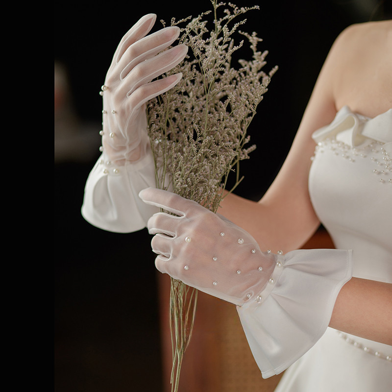 Brautkleid Hochzeit Handgefertigte Perlen Tüllkleid Kurze Rüschenrand Dekoration Etikette Leistung Handschuhe_voghion.com