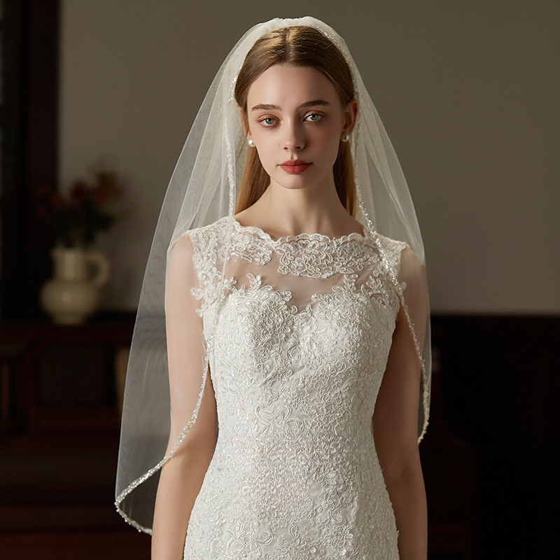 Cross-border Handmade Exquisite Sewn Beads Metal Hair Comb Veil Medium And Long Bride License Brigade Photo Wedding Hair Comb Veil_voghion.com