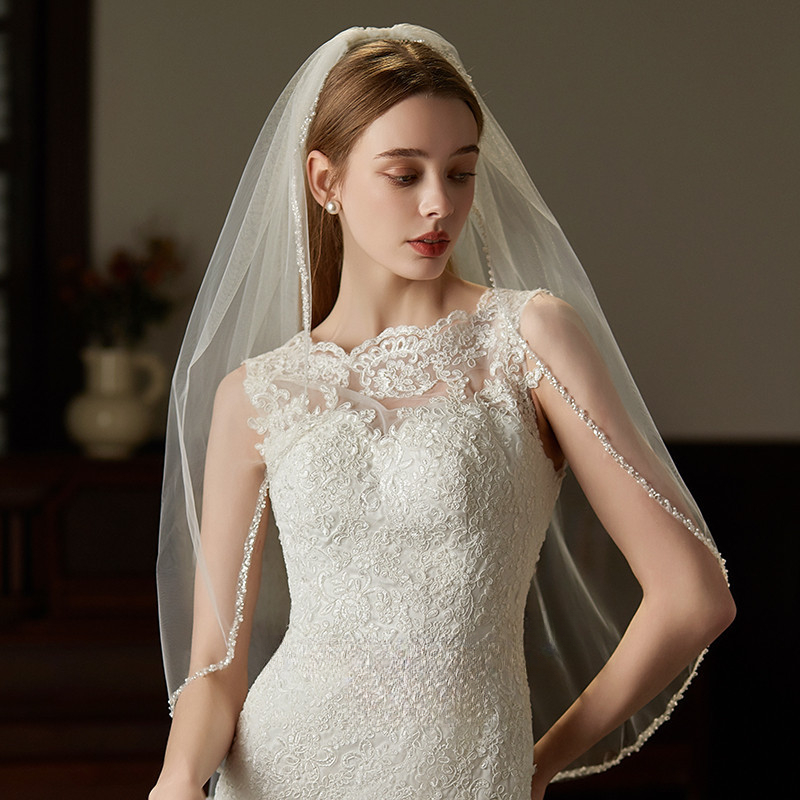 Cross-border Handmade Exquisite Sewn Beads Metal Hair Comb Veil Medium And Long Bride License Brigade Photo Wedding Hair Comb Veil_voghion.com