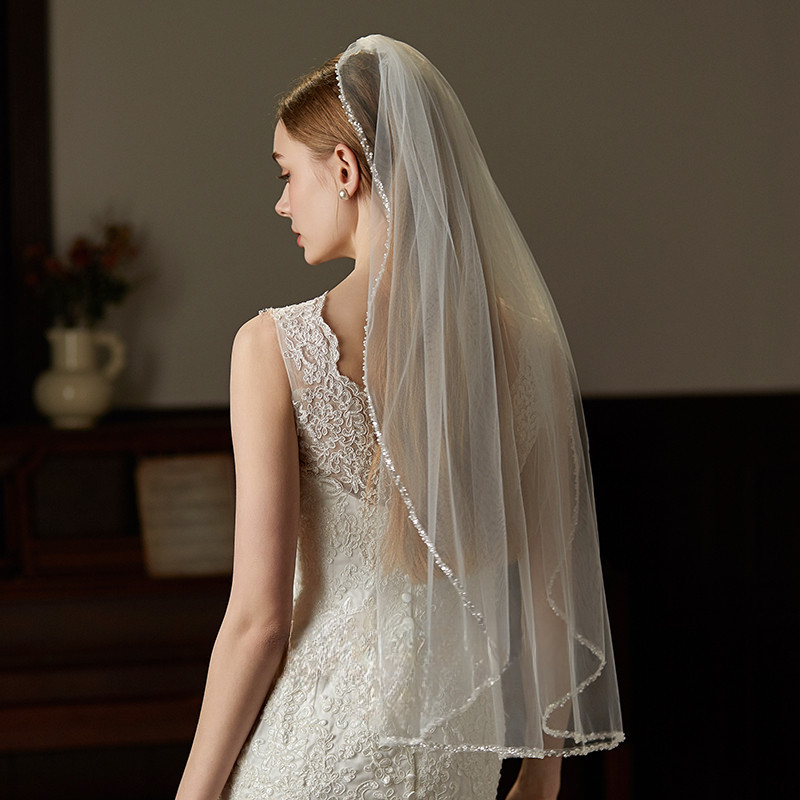 Cross-border Handmade Exquisite Sewn Beads Metal Hair Comb Veil Medium And Long Bride License Brigade Photo Wedding Hair Comb Veil_voghion.com