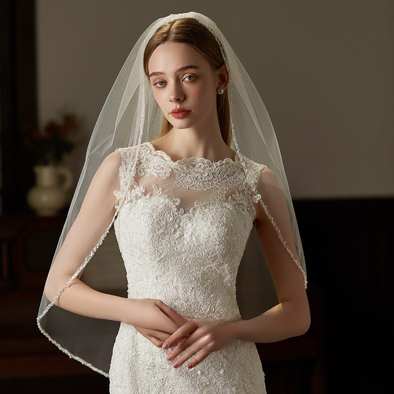 Cross-border Handmade Exquisite Sewn Beads Metal Hair Comb Veil Medium And Long Bride License Brigade Photo Wedding Hair Comb Veil_voghion.com