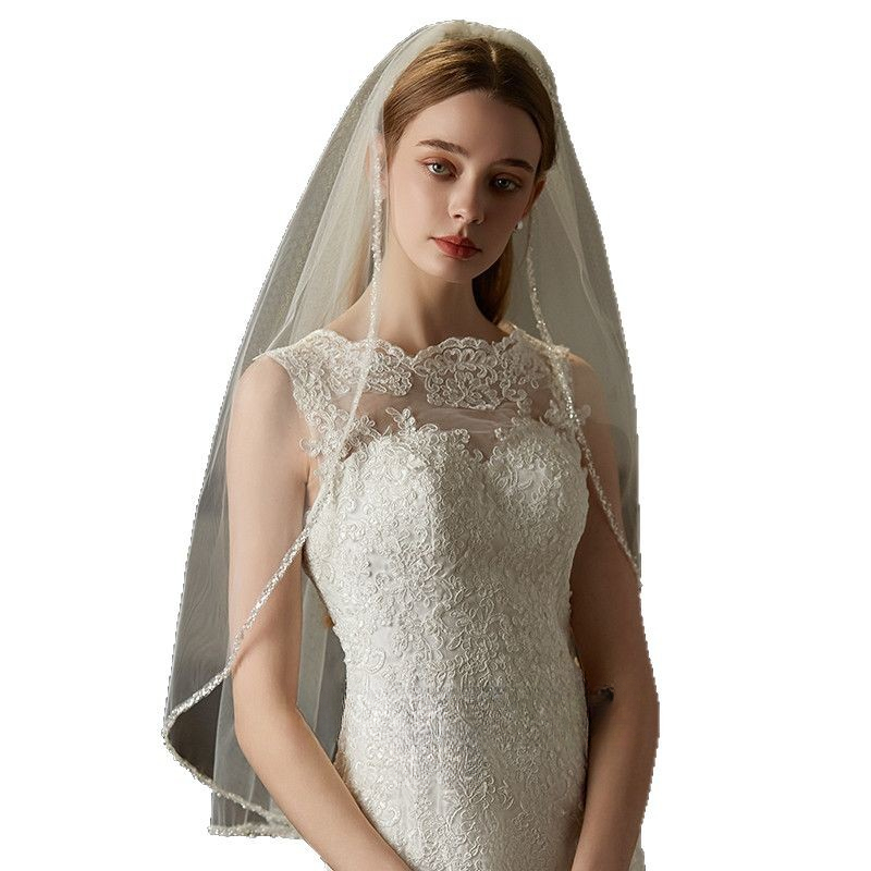 Cross-border Handmade Exquisite Sewn Beads Metal Hair Comb Veil Medium And Long Bride License Brigade Photo Wedding Hair Comb Veil_voghion.com