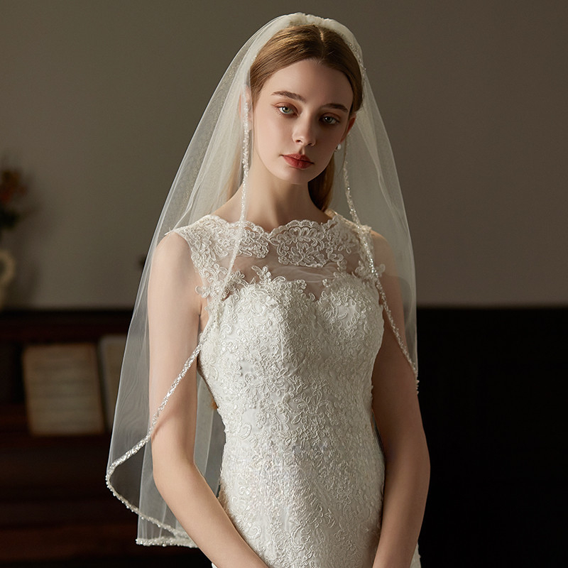 Cross-border Handmade Exquisite Sewn Beads Metal Hair Comb Veil Medium And Long Bride License Brigade Photo Wedding Hair Comb Veil_voghion.com