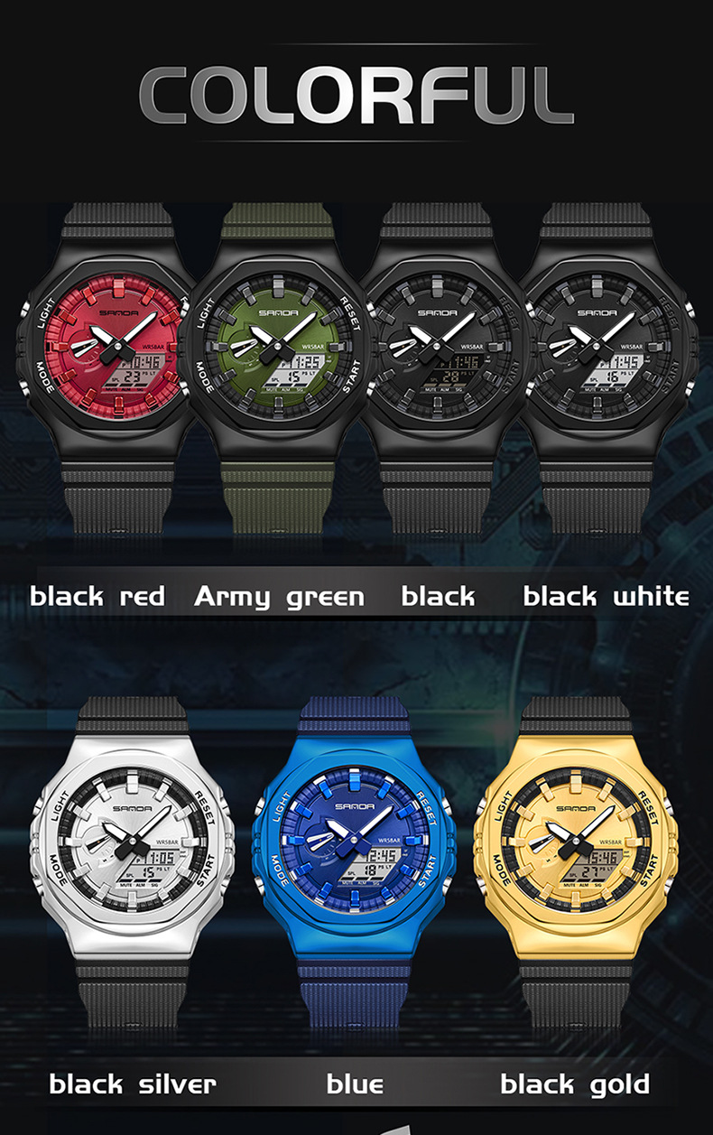Sanda octagonal oak hand lamp men's live broadcast popular electronic watch waterproof sports alarm clock men's watch_voghion.com