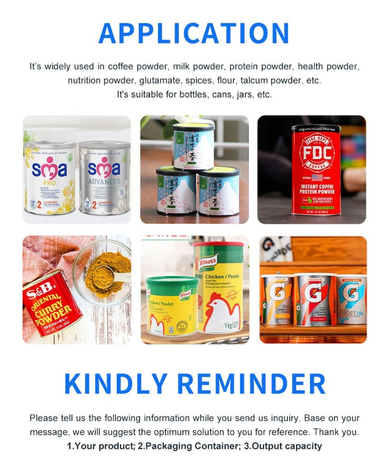 Automatic Spice Talcum Protein Milk Coffee Powder Jar Can Filling Capping Sealing Machine Line