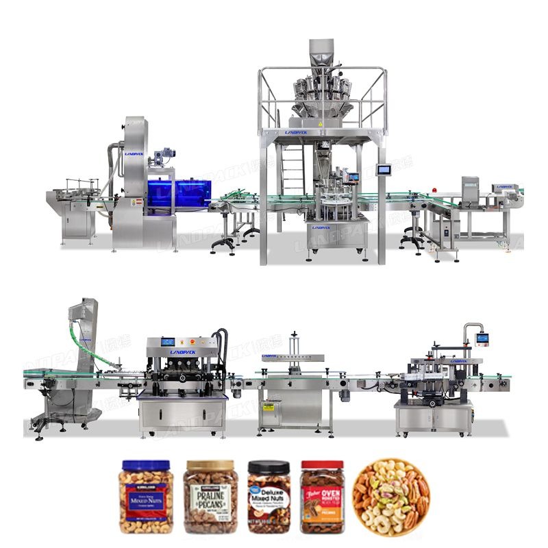 Automatic Glass Plastic Bottle Can Coffee Beans Small Granule Candy Grain Filling Capping Labeling Machine Line