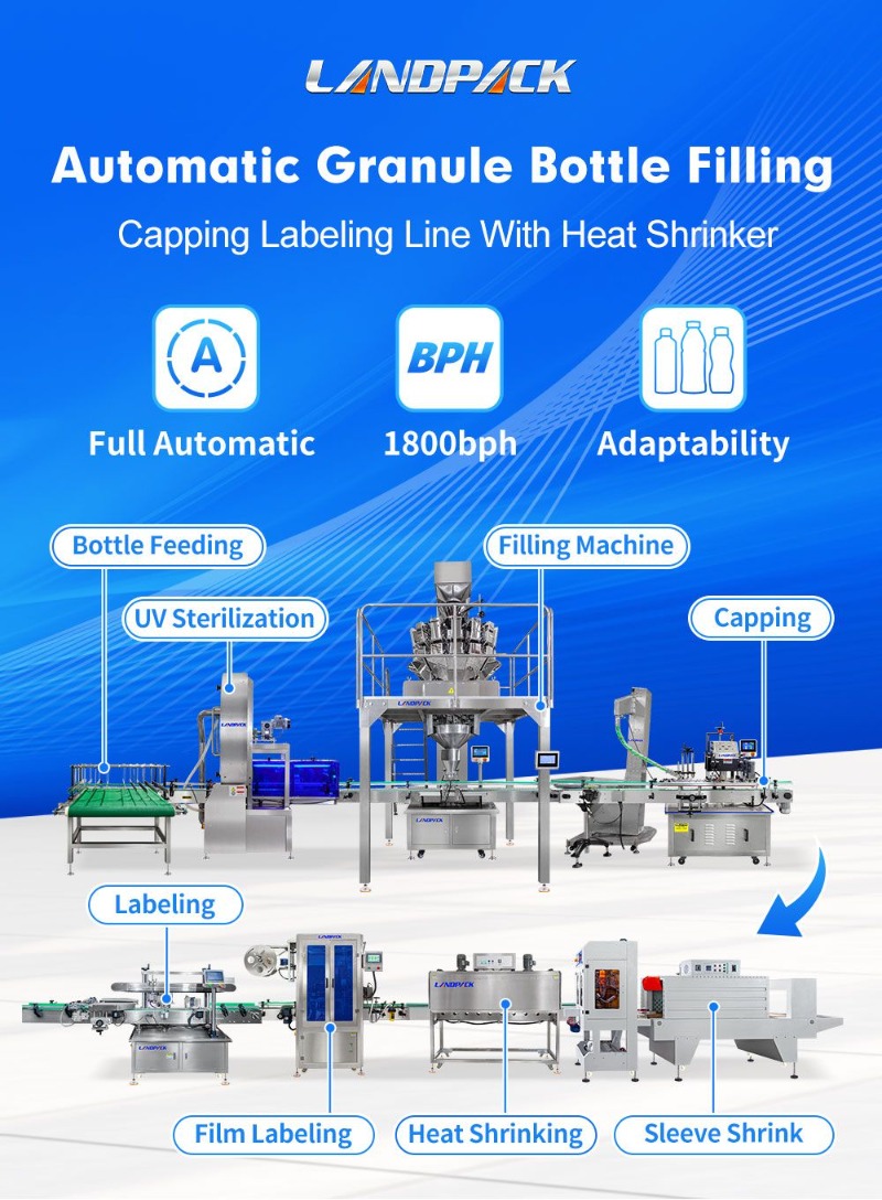 Automatic Granule Almond Peanut Beans Bottle Filling Capping Labeling Machine Line with Heat Shrinker