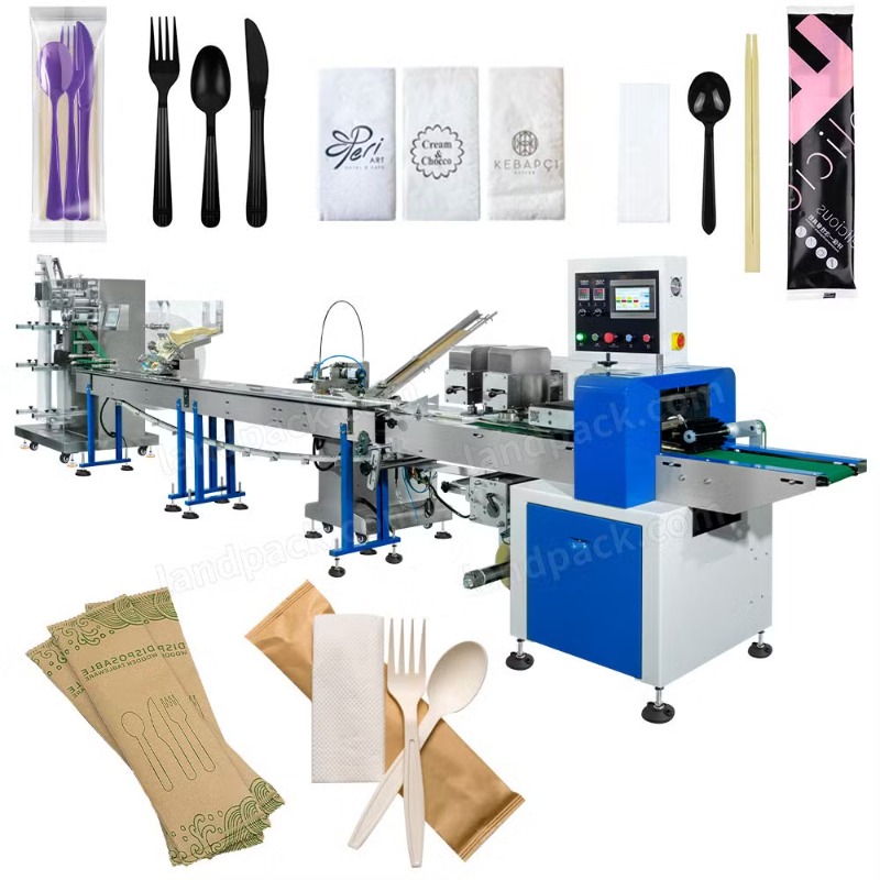 Automatic Feeding Plastic Cutlery Sets Bag Flow Wrapping Packing Machine