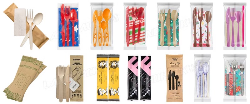 Automatic Feeding Plastic Cutlery Sets Bag Flow Wrapping Packing Machine