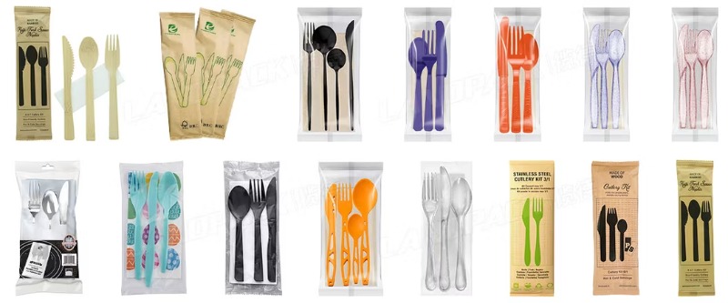 Plastic Cutlery Sets Automatic Tableware Spoon Knife Straw Flow Wrapping Packing Packaging Machine