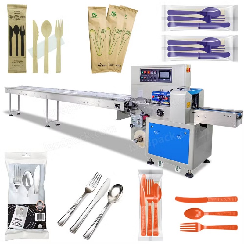 Plastic Cutlery Sets Automatic Tableware Spoon Knife Straw Flow Wrapping Packing Packaging Machine