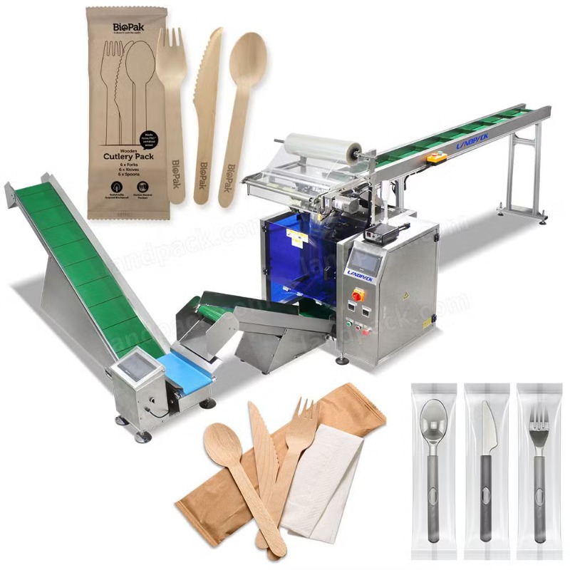 Automatic Plastic Cutlery Hotel Restaurant Full Set Disposable Chopsticks Spoon Napkin Toothpick Vertical Packaging Machine