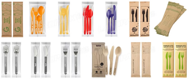 Automatic Plastic Cutlery Hotel Restaurant Full Set Disposable Chopsticks Spoon Napkin Toothpick Vertical Packaging Machine