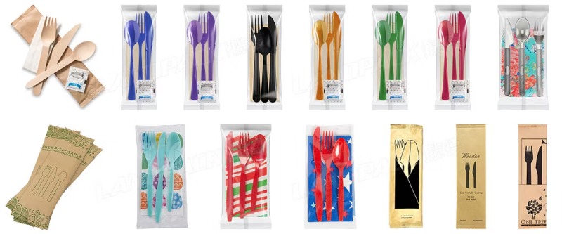 Automatic Plastic Cutlery Sets Tableware Spoon Knife Fork Horizontal Flow Wrapping Packing Machine