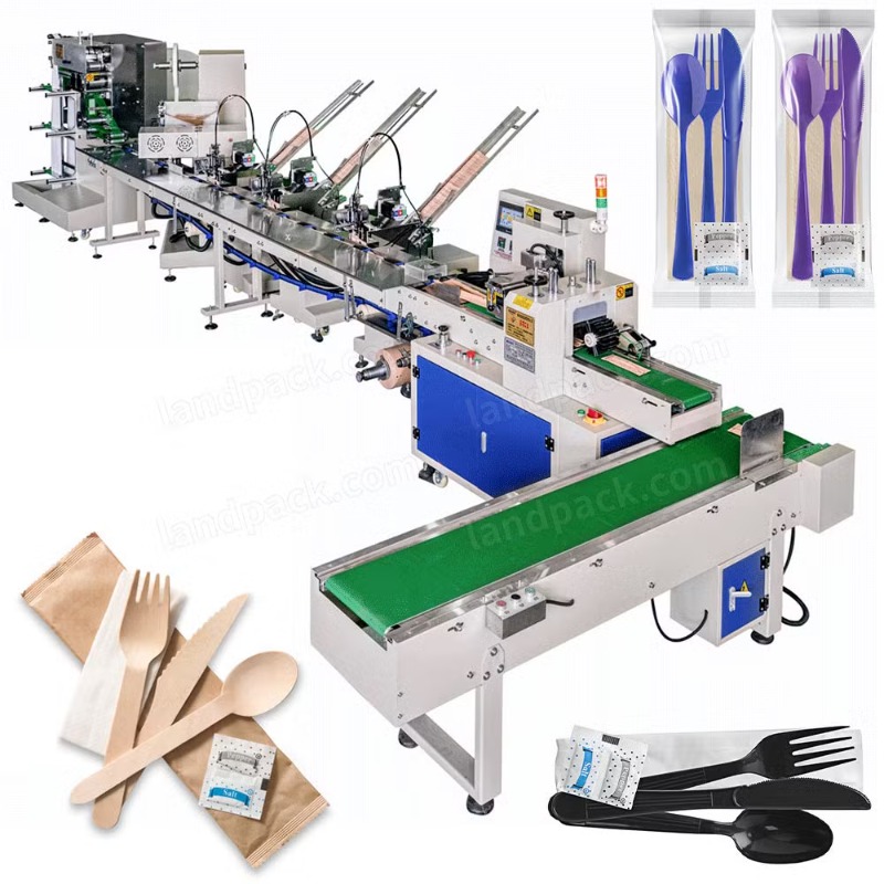 Automatic Plastic Cutlery Sets Tableware Spoon Knife Fork Horizontal Flow Wrapping Packing Machine