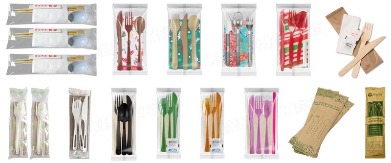 Automatic Disposable Tableware Set Wooden Plastic Cutlery Set Wrapping Packing Packaging Machine for Pillow Bag