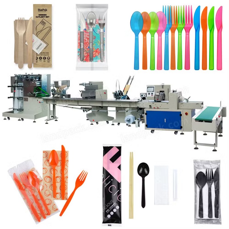 Automatic Disposable Tableware Set Wooden Plastic Cutlery Set Wrapping Packing Packaging Machine for Pillow Bag