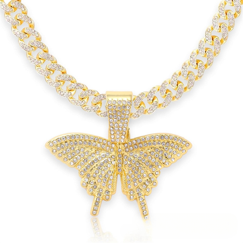 Collana con ciondolo a farfalla in lega di diamanti, tendenza moda hip hop, catena cubana, stile identico per uomo e donna_voghion.com