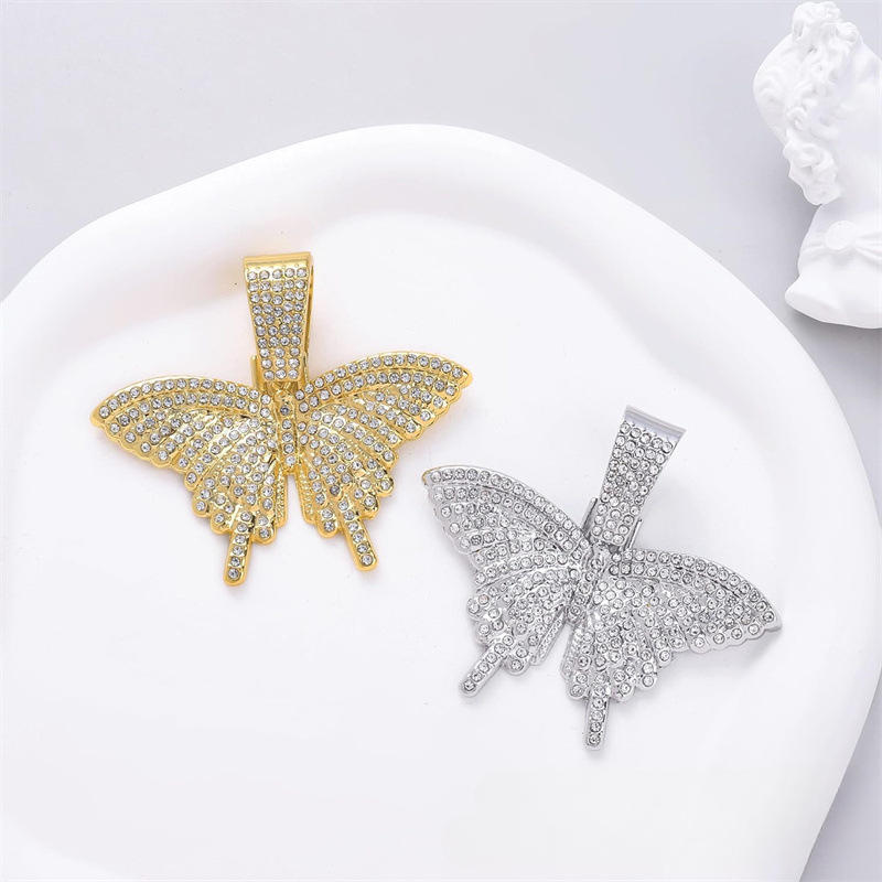 Collana con ciondolo a farfalla in lega di diamanti, tendenza moda hip hop, catena cubana, stile identico per uomo e donna_voghion.com