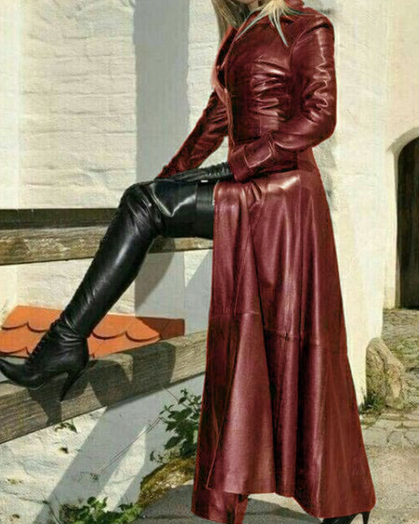 Womens Fashion PU Leather Slim Fit Long Jacket**4