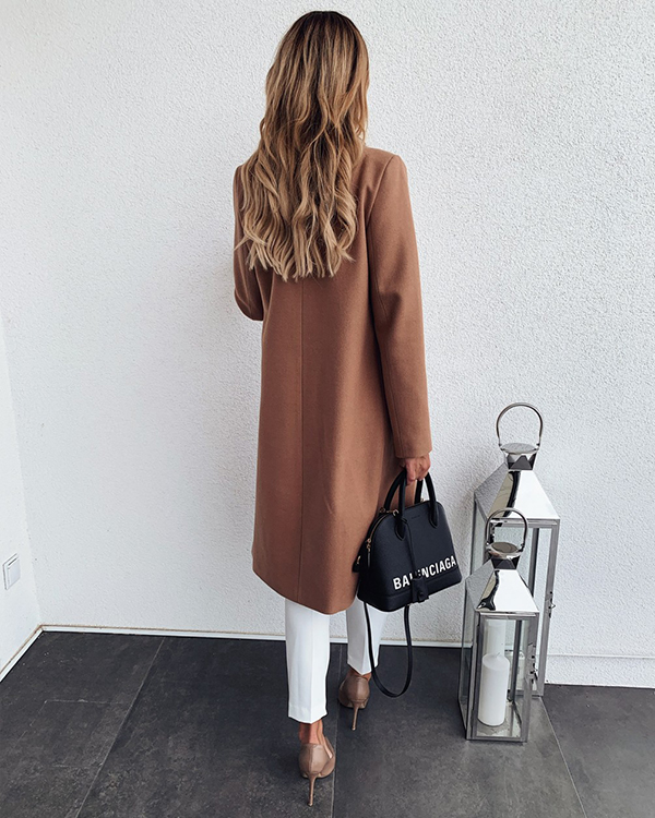 Solid Color Lapel Long Wool Coat**5