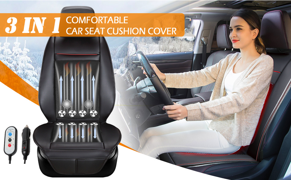 Fochutech Heated Car Seat Covers Cooling Car Seat Cushion with Massage Seat  12V Front Seat Driver Seat Cooler Warmer Heater PU Leather Car Seat  Protector Non Slip, Fits All Seasons