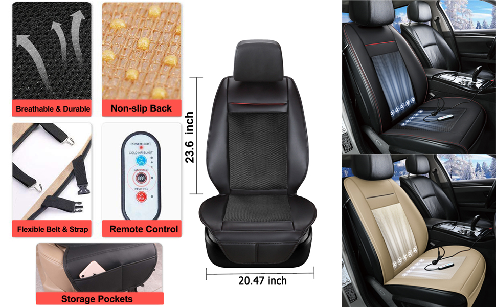 Fochutech Heated Car Seat Covers Cooling Car Seat Cushion with Massage Seat  12V Front Seat Driver Seat Cooler Warmer Heater PU Leather Car Seat  Protector Non Slip, Fits All Seasons