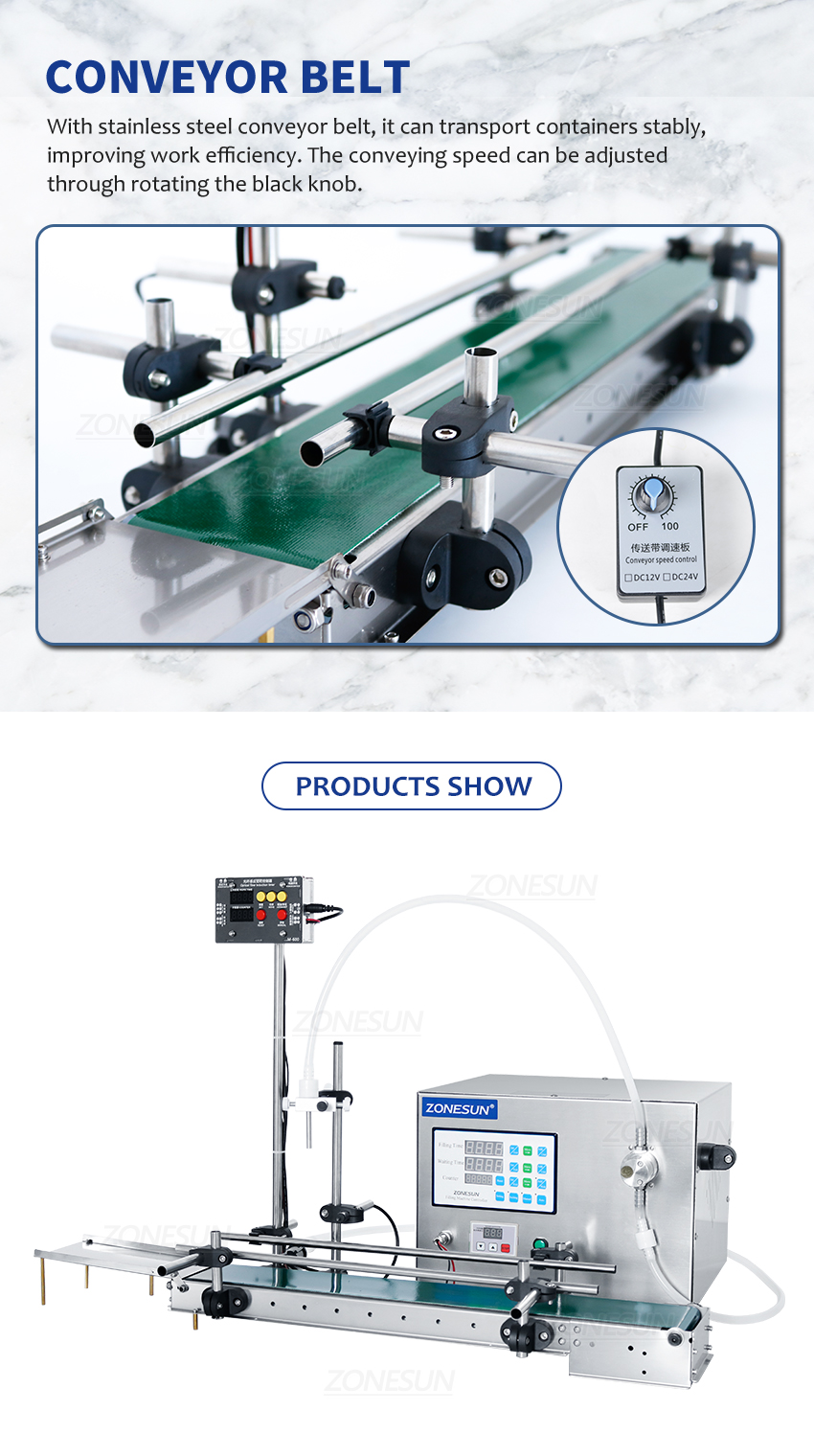 ZONESUN Magnetic Pump Automatic Liquid Filling Machine With Conveyor Belt ZS-DTMP1S