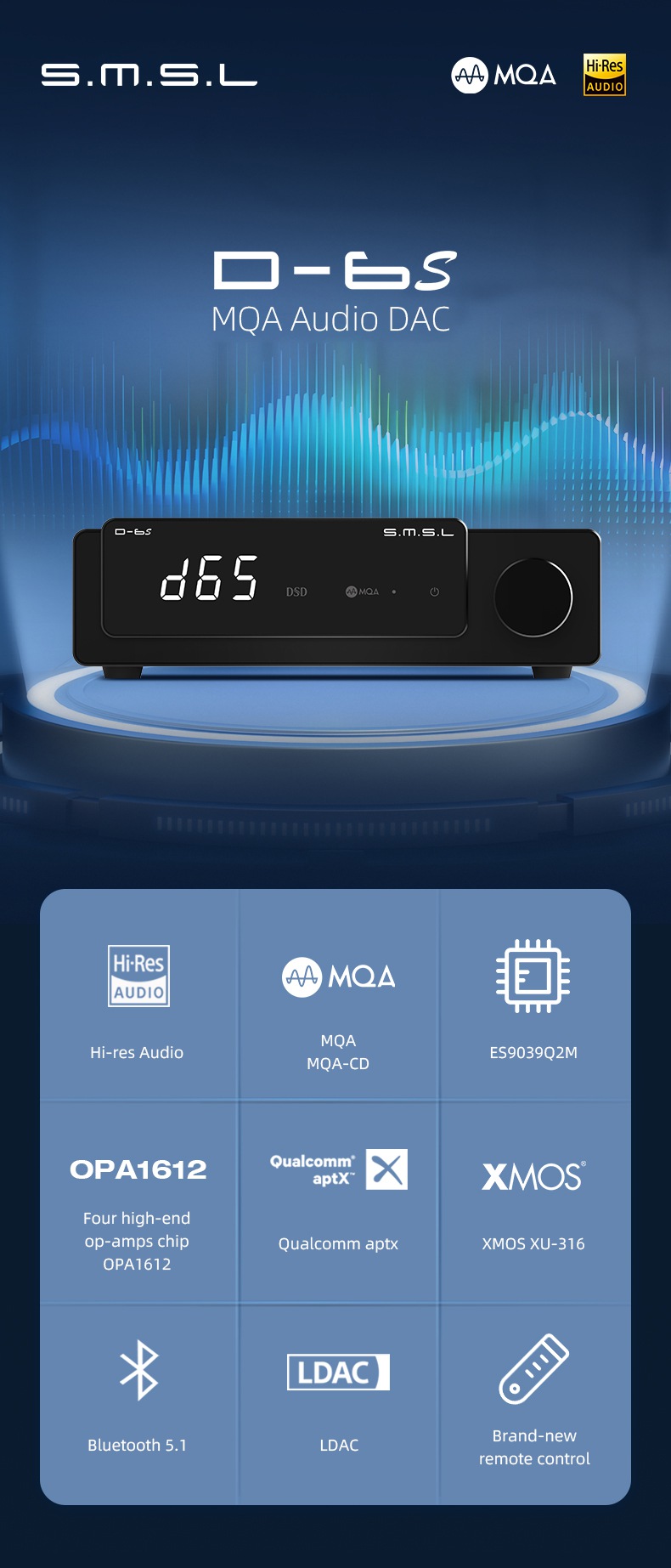 SMSL D-6S / D6S ES9039Q2M DAC MQA Bluetooth 5.1 High-Res Audio Decoder —  HiFiGo