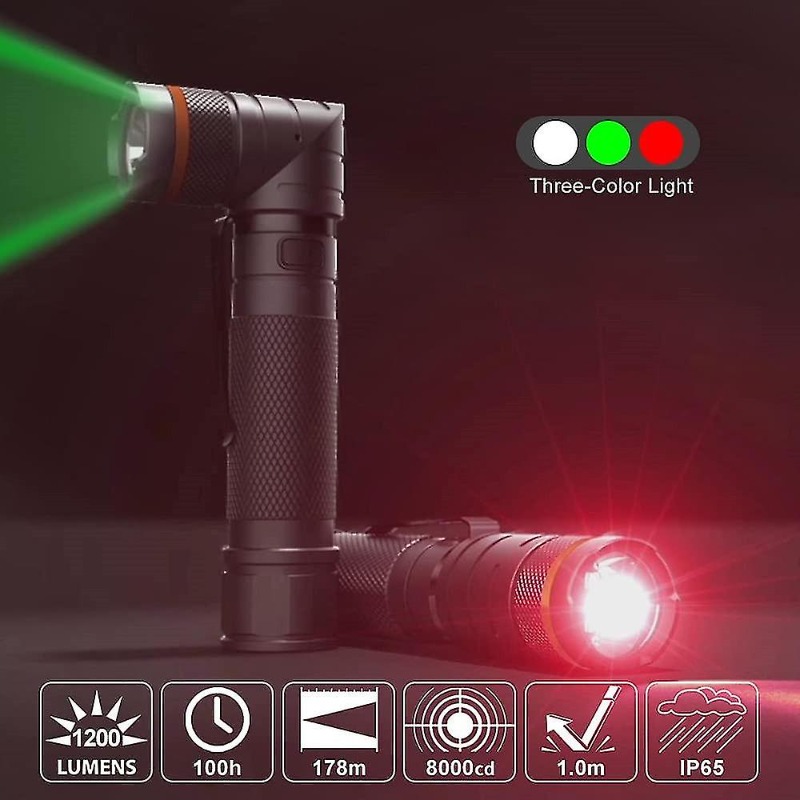 Led Torch Usb Rechargeable Powerful 1200 Lumen Flashlight, 90 Degree Rotatable,ip65 Waterproof For Hunting Outdoor, Black_voghion.com