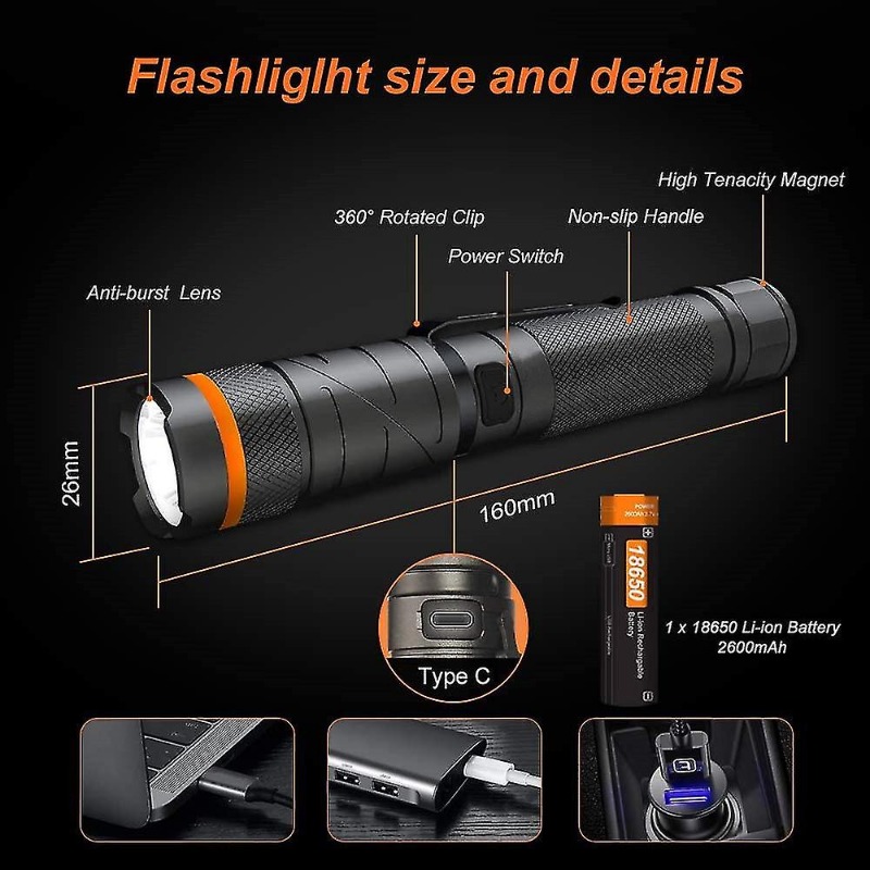 Led Torch Usb Rechargeable Powerful 1200 Lumen Flashlight, 90 Degree Rotatable,ip65 Waterproof For Hunting Outdoor, Black_voghion.com